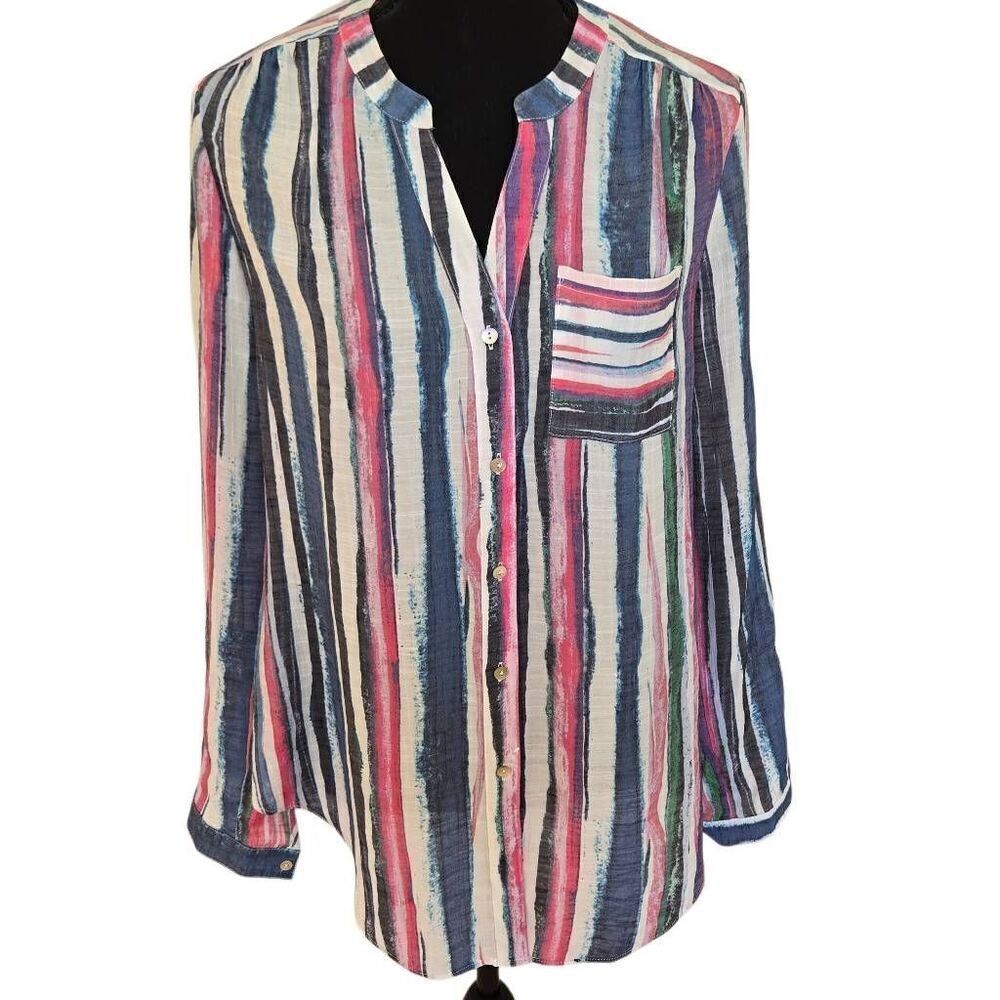 Juniper + Lime Womens Striped Button Front Long Sleeve Blouse Multicolor Small